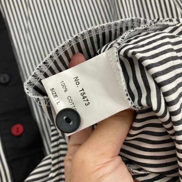 Terra Black White Striped Pockets Preppy Cotton Relaxed Popover Top Large - Picture 8 of 10